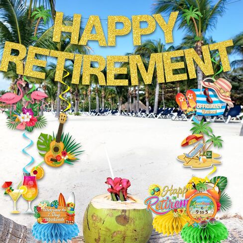 Beach Retirement Party Decorations, Aloha Retirement Party Decorations includes Happy Retirement Banner Tropical Hawaiian Retirement Party Decorations Hanging Swirls and Honeycomb Centerpieces in Saudi Arabia