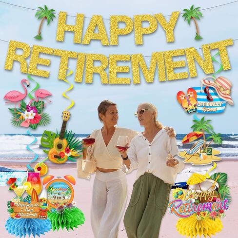 Beach Retirement Party Decorations, Aloha Retirement Party Decorations includes Happy Retirement Banner Tropical Hawaiian Retirement Party Decorations Hanging Swirls and Honeycomb Centerpieces in Saudi Arabia