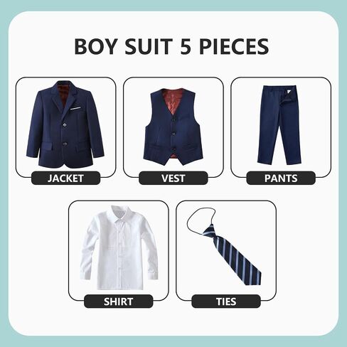 Boys' 5 Piece Formal Suit Set with Suit Jacket, Vest, Pants, Collared Dress Shirt, and Tie in Kuwait