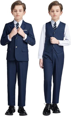 Boys' 5 Piece Formal Suit Set with Suit Jacket, Vest, Pants, Collared Dress Shirt, and Tie in Kuwait