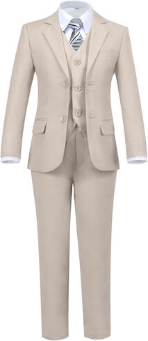 Boys' 5 Piece Formal Suit Set with Suit Jacket, Vest, Pants, Collared Dress Shirt, and Tie in Kuwait