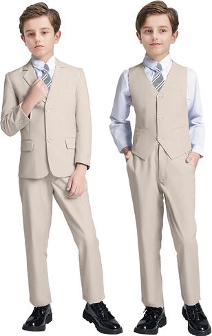 Boys' 5 Piece Formal Suit Set with Suit Jacket, Vest, Pants, Collared Dress Shirt, and Tie in Kuwait