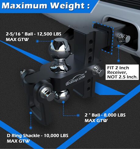 وصلة مقطورة قابلة للتعديل تناسب جهاز الاستقبال مقاس 2 بوصة فقط، 12500 رطل GTW، 6 بوصة قطرة/ارتفاع من الألومنيوم، 2 و2 5/16 كرات مع وصلات ثنائية الاتجاه وأقفال براءة اختراع مضادة للسرقة، أسود in Kuwait