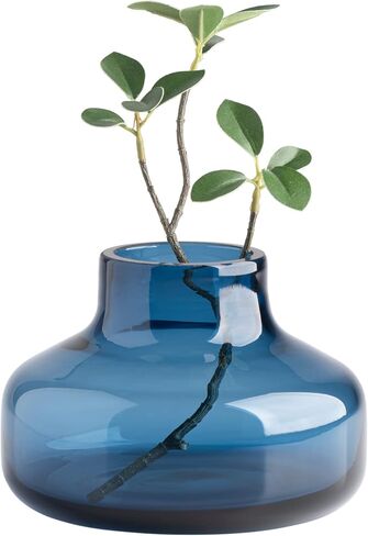 Torre & Tagus Solid Color Round Art Glass Vase for Flowers - 4" Tall Unique Flower Vase, Clear Handmade Bottle Vase for Modern Home Decor, Bud Vase as Decorative Shelf Decor or Wedding Gift, Blue in Saudi Arabia