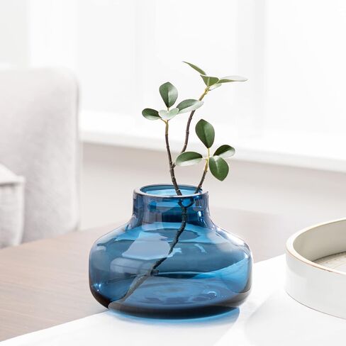 Torre & Tagus Solid Color Round Art Glass Vase for Flowers - 4" Tall Unique Flower Vase, Clear Handmade Bottle Vase for Modern Home Decor, Bud Vase as Decorative Shelf Decor or Wedding Gift, Blue in Saudi Arabia