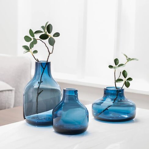 Torre & Tagus Solid Color Round Art Glass Vase for Flowers - 4" Tall Unique Flower Vase, Clear Handmade Bottle Vase for Modern Home Decor, Bud Vase as Decorative Shelf Decor or Wedding Gift, Blue in Saudi Arabia