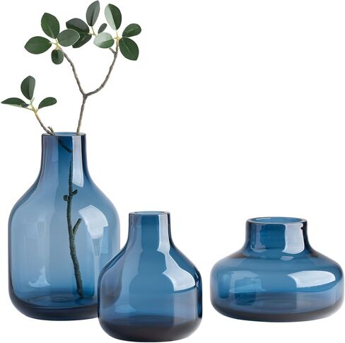 Torre & Tagus Solid Color Round Art Glass Vase for Flowers - 4" Tall Unique Flower Vase, Clear Handmade Bottle Vase for Modern Home Decor, Bud Vase as Decorative Shelf Decor or Wedding Gift, Blue in Saudi Arabia