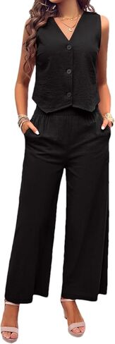 ملابس نسائية صيفية من الكتان من Zontroldy مكونة من قطعتين سترة بأزرار سفلية وسراويل طويلة مع جيوب (1232-أسود-L) in Kuwait