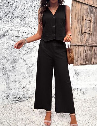 ملابس نسائية صيفية من الكتان من Zontroldy مكونة من قطعتين سترة بأزرار سفلية وسراويل طويلة مع جيوب (1232-أسود-L) in Kuwait
