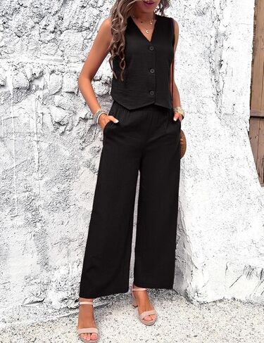 ملابس نسائية صيفية من الكتان من Zontroldy مكونة من قطعتين سترة بأزرار سفلية وسراويل طويلة مع جيوب (1232-أسود-L) in Kuwait