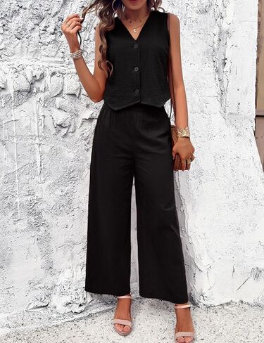 ملابس نسائية صيفية من الكتان من Zontroldy مكونة من قطعتين سترة بأزرار سفلية وسراويل طويلة مع جيوب (1232-أسود-L) in Kuwait