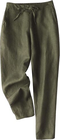 بنطال Gihuo نسائي من الكتان مدبب كاجوال مستقيم الساق برباط خصر مرن فضفاض ومريح للركض مع جيوب (Army-L) in Kuwait