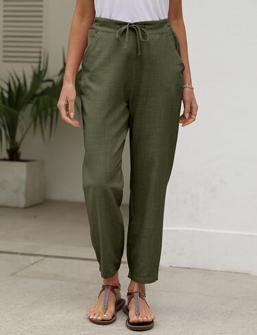 بنطال Gihuo نسائي من الكتان مدبب كاجوال مستقيم الساق برباط خصر مرن فضفاض ومريح للركض مع جيوب (Army-L) in Kuwait