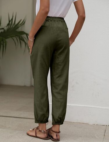 بنطال Gihuo نسائي من الكتان مدبب كاجوال مستقيم الساق برباط خصر مرن فضفاض ومريح للركض مع جيوب (Army-L) in Kuwait