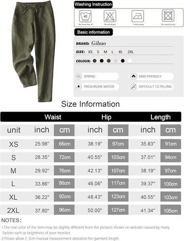 بنطال Gihuo نسائي من الكتان مدبب كاجوال مستقيم الساق برباط خصر مرن فضفاض ومريح للركض مع جيوب (Army-L) in Kuwait