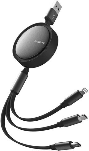 كابل mcdodo 3 في 1 مسطح قابل للسحب وطول قابل للتعديل ومحول سلك شحن USB متعدد عالمي iOS/Type-C/Micro متوافق مع الهواتف المحمولة والأجهزة اللوحية والمزيد (الشحن فقط) (4FT/1.2M، أسود) in Saudi Arabia