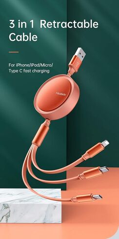 كابل mcdodo 3 في 1 مسطح قابل للسحب وطول قابل للتعديل ومحول سلك شحن USB متعدد عالمي iOS/Type-C/Micro متوافق مع الهواتف المحمولة والأجهزة اللوحية والمزيد (الشحن فقط) (4FT/1.2M، أسود) in Saudi Arabia
