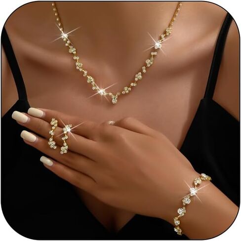 Silver Prom Earrings Necklace Bracelet Set Rhinestone Crystal Statement Choker Necklace Earrings Bracelet Bridal Wedding Prom Costume Jewelry Sets for Women Girls in Saudi Arabia