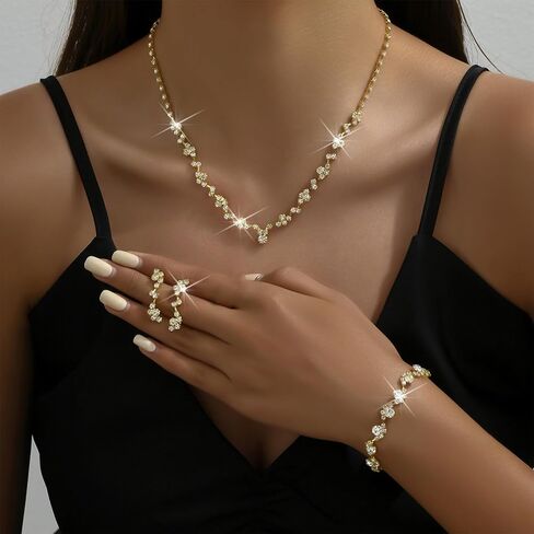 Silver Prom Earrings Necklace Bracelet Set Rhinestone Crystal Statement Choker Necklace Earrings Bracelet Bridal Wedding Prom Costume Jewelry Sets for Women Girls in Saudi Arabia