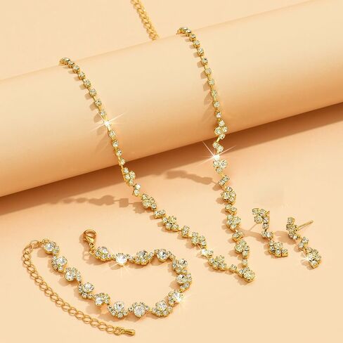 Silver Prom Earrings Necklace Bracelet Set Rhinestone Crystal Statement Choker Necklace Earrings Bracelet Bridal Wedding Prom Costume Jewelry Sets for Women Girls in Saudi Arabia