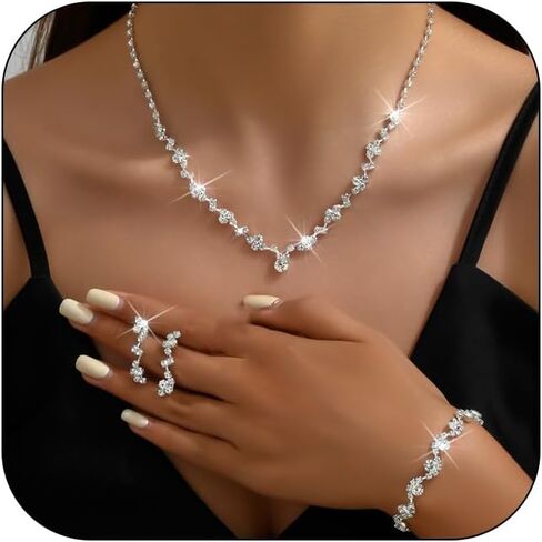 Silver Prom Earrings Necklace Bracelet Set Rhinestone Crystal Statement Choker Necklace Earrings Bracelet Bridal Wedding Prom Costume Jewelry Sets for Women Girls in Saudi Arabia