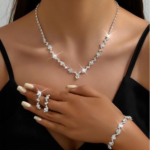 Silver Prom Earrings Necklace Bracelet Set Rhinestone Crystal Statement Choker Necklace Earrings Bracelet Bridal Wedding Prom Costume Jewelry Sets for Women Girls in Saudi Arabia