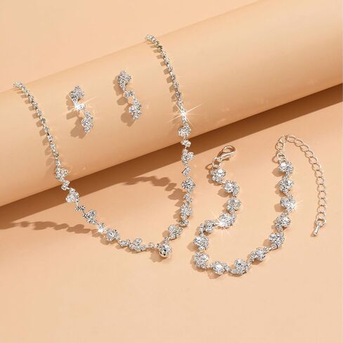 Silver Prom Earrings Necklace Bracelet Set Rhinestone Crystal Statement Choker Necklace Earrings Bracelet Bridal Wedding Prom Costume Jewelry Sets for Women Girls in Saudi Arabia