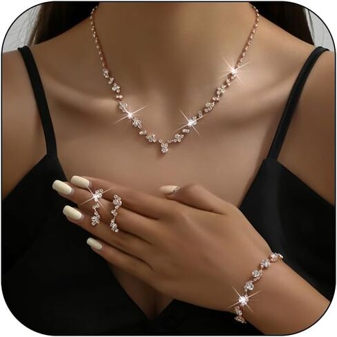 Silver Prom Earrings Necklace Bracelet Set Rhinestone Crystal Statement Choker Necklace Earrings Bracelet Bridal Wedding Prom Costume Jewelry Sets for Women Girls in Saudi Arabia