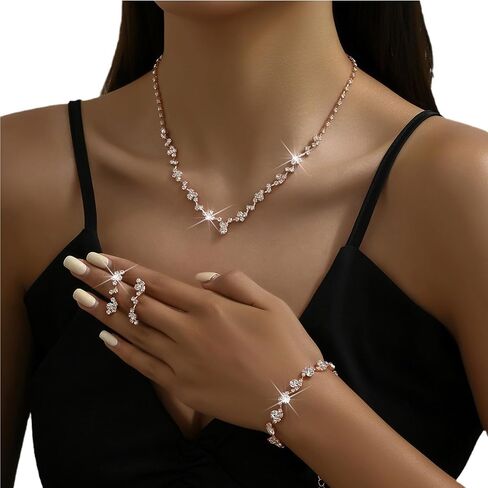 Silver Prom Earrings Necklace Bracelet Set Rhinestone Crystal Statement Choker Necklace Earrings Bracelet Bridal Wedding Prom Costume Jewelry Sets for Women Girls in Saudi Arabia