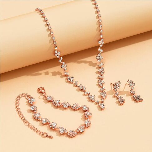 Silver Prom Earrings Necklace Bracelet Set Rhinestone Crystal Statement Choker Necklace Earrings Bracelet Bridal Wedding Prom Costume Jewelry Sets for Women Girls in Saudi Arabia