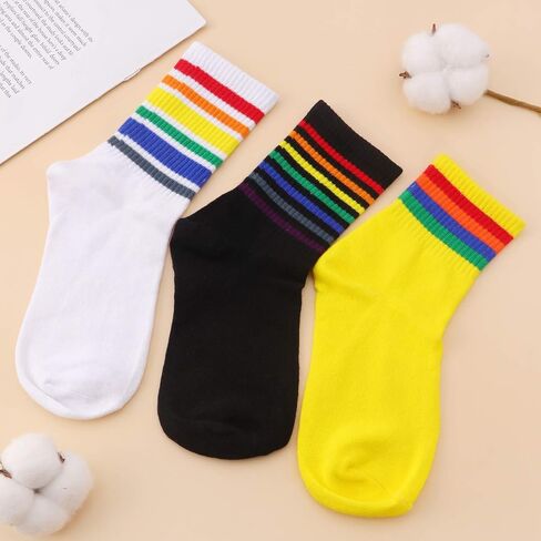 Socks For Women Striped Ankle Tube Socks Womens Girls Teenagers Crew Socks women's Liner Rainbow Sock Athletic Sport Pride Socks Casual Cotton Black White Yellow in Saudi Arabia