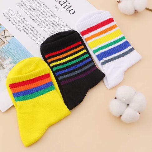 Socks For Women Striped Ankle Tube Socks Womens Girls Teenagers Crew Socks women's Liner Rainbow Sock Athletic Sport Pride Socks Casual Cotton Black White Yellow in Saudi Arabia