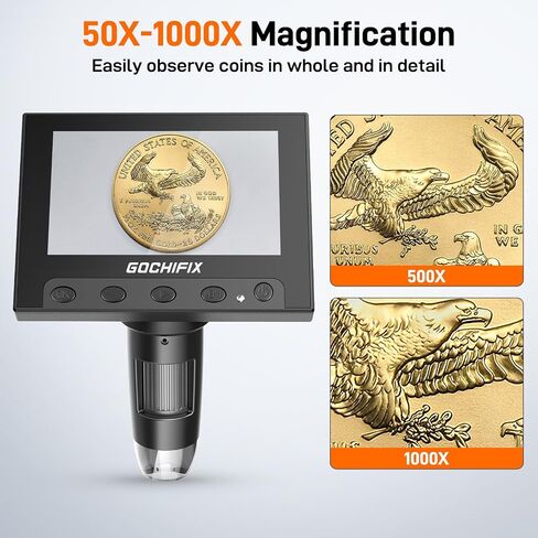 4.3" LCD Digital Coin Microscope 1000X Coin Microscope with HD Screen and 8 Ajustable LED Lights Compatible with Windows/Mac OS Compatible in Saudi Arabia