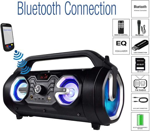 Boytone BT-16S مكبر صوت بلوتوث محمول Boombox، داخلي/خارجي، 25 وات، صوت عالٍ، جهير أعمق، EQ، مضخم صوت 5 بوصات، 2 × 3 مكبر صوت، FM، وقت تشغيل 9 ساعات، USB، Micro SD، AUX، ميكروفون، تسجيل، ضوء LED in Kuwait