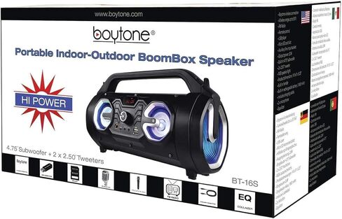 Boytone BT-16S مكبر صوت بلوتوث محمول Boombox، داخلي/خارجي، 25 وات، صوت عالٍ، جهير أعمق، EQ، مضخم صوت 5 بوصات، 2 × 3 مكبر صوت، FM، وقت تشغيل 9 ساعات، USB، Micro SD، AUX، ميكروفون، تسجيل، ضوء LED in Kuwait