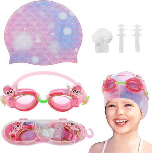 Body+ Kids Swim Goggles and Swim Caps Set, Silicone Swim Cap For Kids, Cartoon Anti-Fog Swim Glasses Fit for Age 3-12 in Saudi Arabia