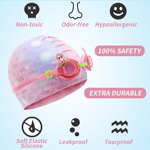 Body+ Kids Swim Goggles and Swim Caps Set, Silicone Swim Cap For Kids, Cartoon Anti-Fog Swim Glasses Fit for Age 3-12 in Saudi Arabia