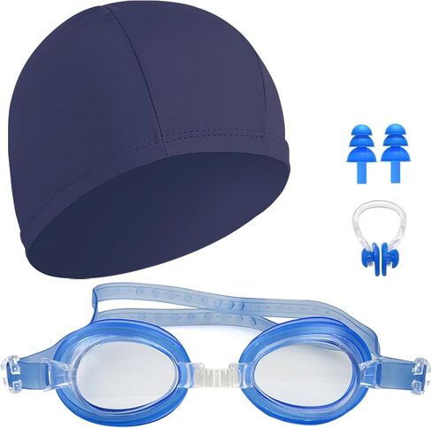 1 Pack Dark Blue Fabric Swimming Cap with Anti Fog UV Protection Goggles, Nose Clip, Ear Plugs for Both Adults & Kids in Kuwait
