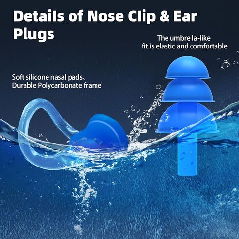 1 Pack Dark Blue Fabric Swimming Cap with Anti Fog UV Protection Goggles, Nose Clip, Ear Plugs for Both Adults & Kids in Kuwait