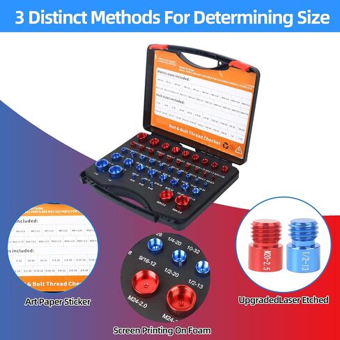 مجموعة قياس خيط الصواميل والمسامير الاحترافية - 23 بوصة و21 مقاسًا متريًا - تكتشف بسهولة البراغي الثابتة والثقوب الملولبة في المساحات الضيقة - مجموعة قياس الخيط الأحمر والأزرق للحصول على مقاس دقيق in Kuwait