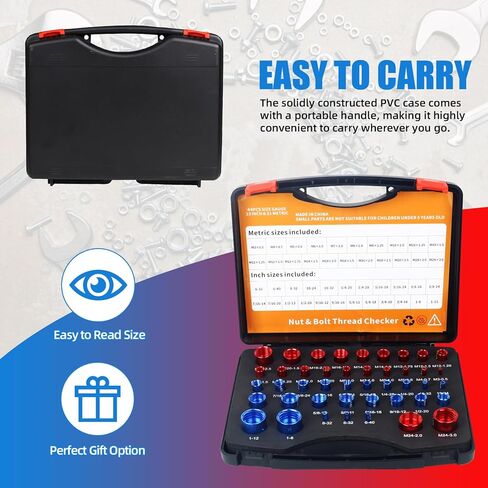 مجموعة قياس خيط الصواميل والمسامير الاحترافية - 23 بوصة و21 مقاسًا متريًا - تكتشف بسهولة البراغي الثابتة والثقوب الملولبة في المساحات الضيقة - مجموعة قياس الخيط الأحمر والأزرق للحصول على مقاس دقيق in Kuwait