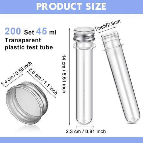 45ml Plastic Test Tubes Transparent Clear Bath Salt Tubes 25x140mm Cylindrical Aluminum Lid Plastic Vials for Candy Spice Dried Flower Storage Container Decor House Scientific Experiment (200 Pcs) in Saudi Arabia