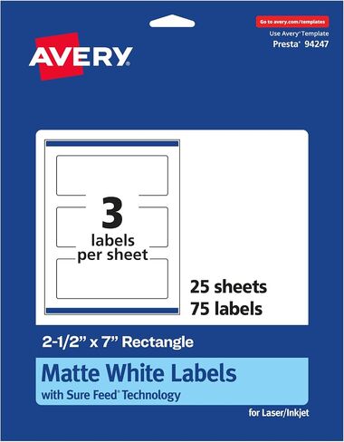 ملصقات مستطيلة بيضاء غير لامعة من Avery مع تغذية مؤكدة، 2.5 بوصة × 7 بوصة، 750 ملصق أبيض غير لامع قابل للطباعة in Saudi Arabia