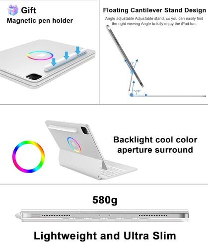 حافظة لوحة المفاتيح لجهاز iPad Pro 11 بوصة (3/2/1 الجيل) وiPad Air 10.9 بوصة (5/4 الجيل) - حافظة لوحة مفاتيح مغناطيسية مع لوحة تتبع متعددة اللمس - لوحة مفاتيح بلوتوث لاسلكية بإضاءة خلفية ناتئة عائمة (أبيض) in Kuwait