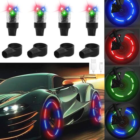 4 قطع مصابيح صمام إطارات LED للسيارة، أغطية صمامات إطارات السيارة القابلة لإعادة الشحن مقاومة للماء، تضيء، أغطية جذعية صمام الضوء الملونة للعجلة للدراجة والشاحنات والدراجات النارية وإكسسوارات السيارات in Saudi Arabia