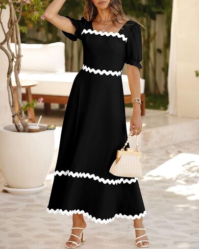 Zenlonr Womens Dresses 2024 Short Puff Sleeve Casual Summer Dress Smocked Tie Back Beach Flowy A-Line Maxi Dress in Saudi Arabia