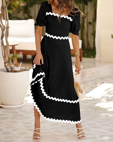 Zenlonr Womens Dresses 2024 Short Puff Sleeve Casual Summer Dress Smocked Tie Back Beach Flowy A-Line Maxi Dress in Saudi Arabia