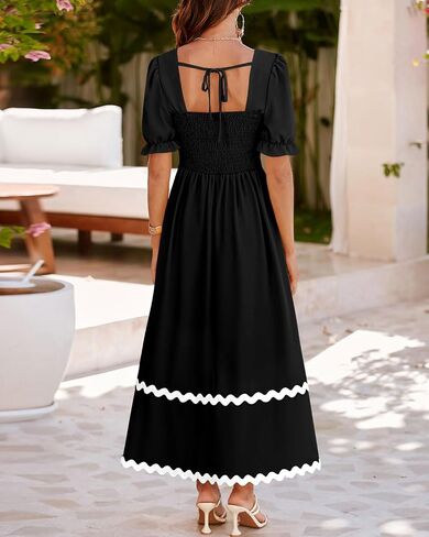 Zenlonr Womens Dresses 2024 Short Puff Sleeve Casual Summer Dress Smocked Tie Back Beach Flowy A-Line Maxi Dress in Saudi Arabia