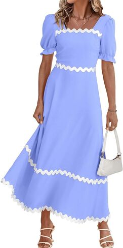 Zenlonr Womens Dresses 2024 Short Puff Sleeve Casual Summer Dress Smocked Tie Back Beach Flowy A-Line Maxi Dress in Saudi Arabia