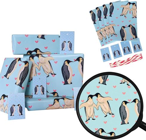 LimaLima 4 × أوراق تغليف مع علامات وخيط. تصميم مضحك على شكل بطريق الحب باللون الأزرق والأحمر مثالي لعيد الحب والذكرى السنوية ومناسب للرجال والنساء والزوج والزوجة والأم in Kuwait